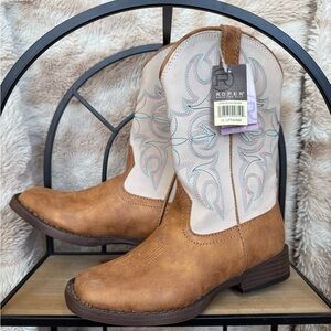Kids Roper Brown and Cream Embroidered Boots
